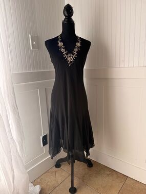 dressbarn Black Asymmetrical Hem Dress with Embellished V-Neck